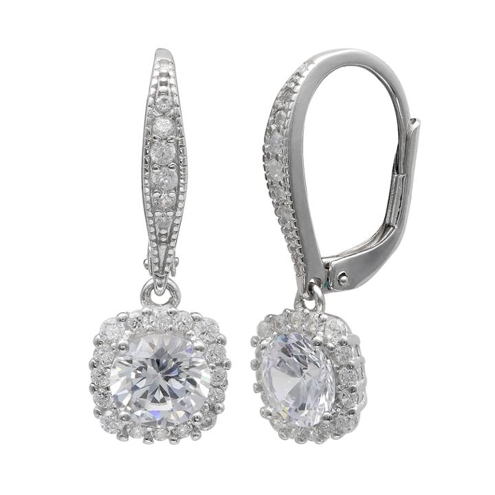 Primrose Sterling Silver Cubic Zirconia Square Drop Leverback Earrings, Women's, White