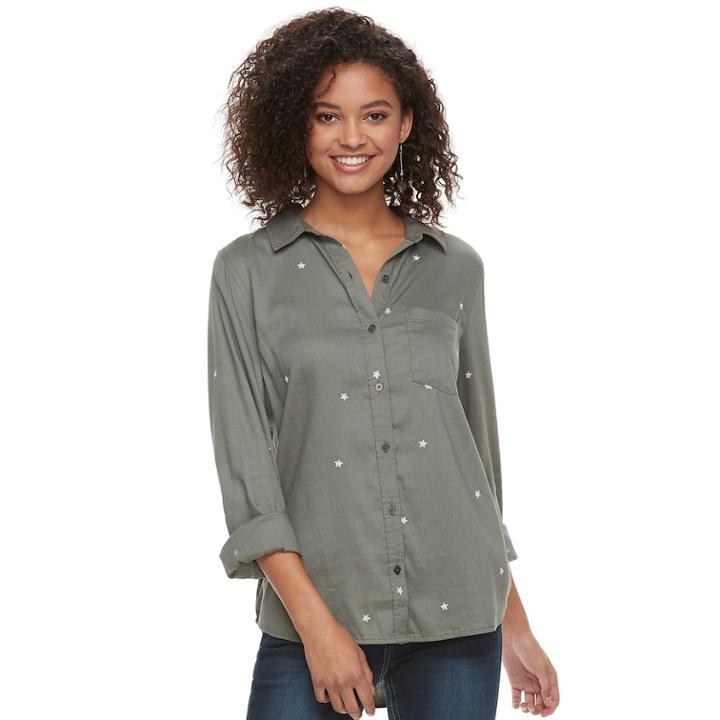 Juniors' So&reg; Plaid Button Down Shirt, Size: Small, Green