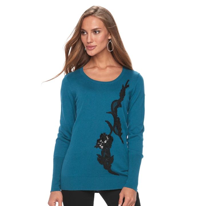 Women's Apt. 9&reg; Sequin Applique Crewneck Sweater, Size: Xl, Turquoise/blue (turq/aqua)