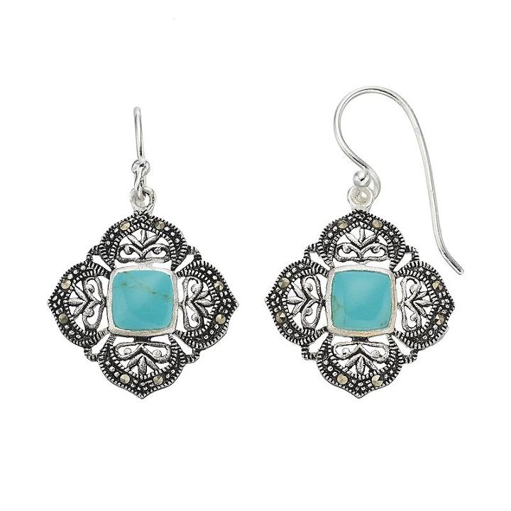 Silver Luxuries Simulated Turquoise & Marcasite Filigree Square Drop Earrings, Women's, Blue