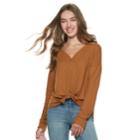 Juniors' Mudd&reg; Waffle-knit Button Front Long Sleeve Top, Teens, Size: Large, Med Brown