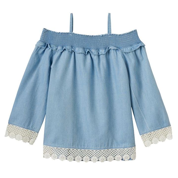 Girls 4-12 Sonoma Goods For Life&trade; Smocked Cold Shoulder Chambray Top, Girl's, Size: 8, Light Blue