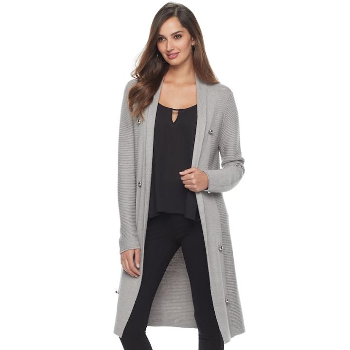 Women's Jennifer Lopez Long Ribbed Cardigan, Size: Large, Light Grey