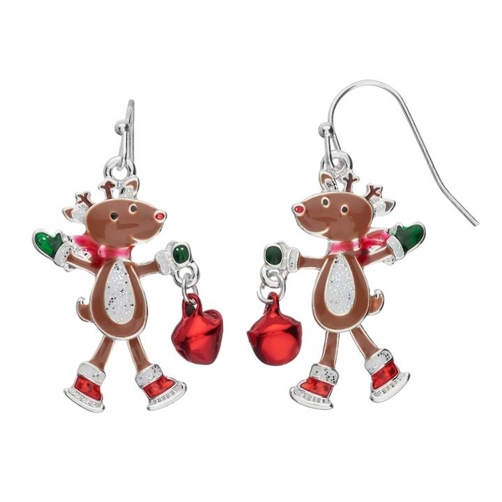 Jingle Bell Reindeer Nickel Free Drop Earrings, Women's, Multicolor
