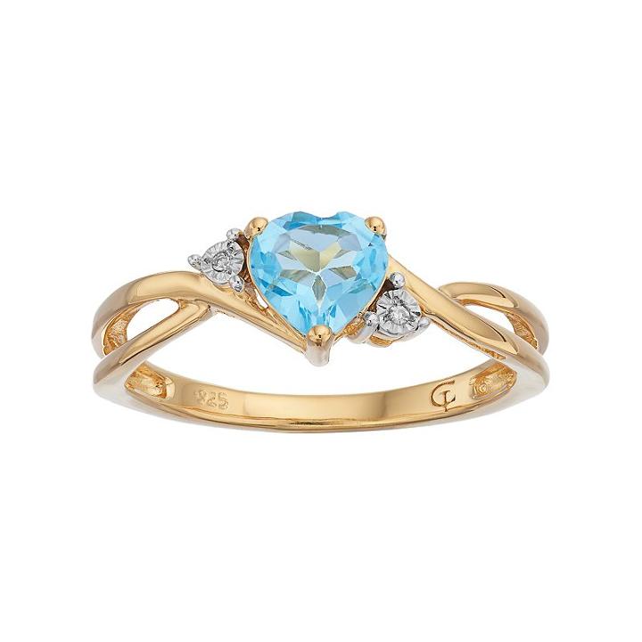 10k Gold Blue Topaz & Diamond Accent Swirl Heart Ring, Women's, Size: 8