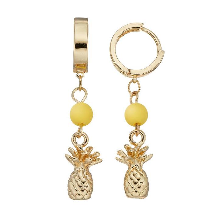 Yellow Beaded Pineapple Nickel Free Hoop Earrings, Women's