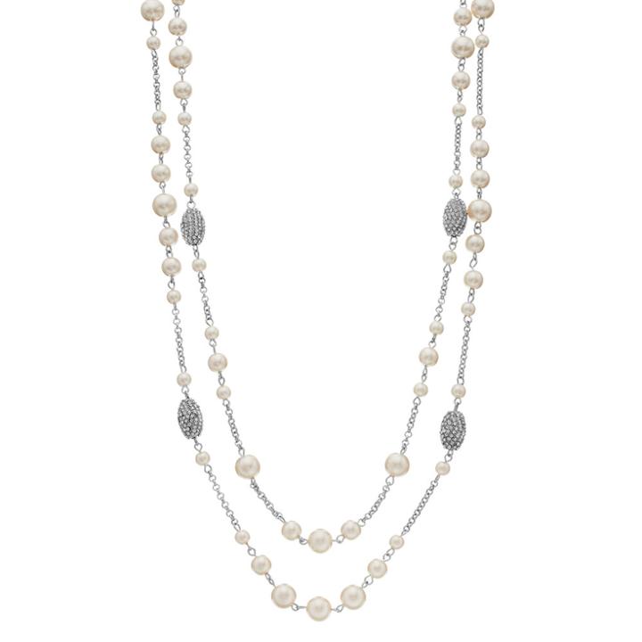 Long Simulated Pearl Double Strand Station Necklace, Women's, White
