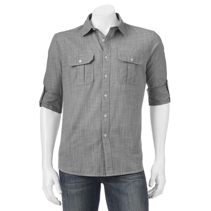 Men's Apt. 9&reg; Modern-fit Crosshatch Roll-tab Button-down Shirt, Size: Small, Black