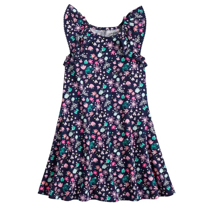 Girls 4-10 Jumping Beans&reg; Pom-pom Ruffle Trim Patterned Raglan Flutter Dress, Size: 6x, Blue