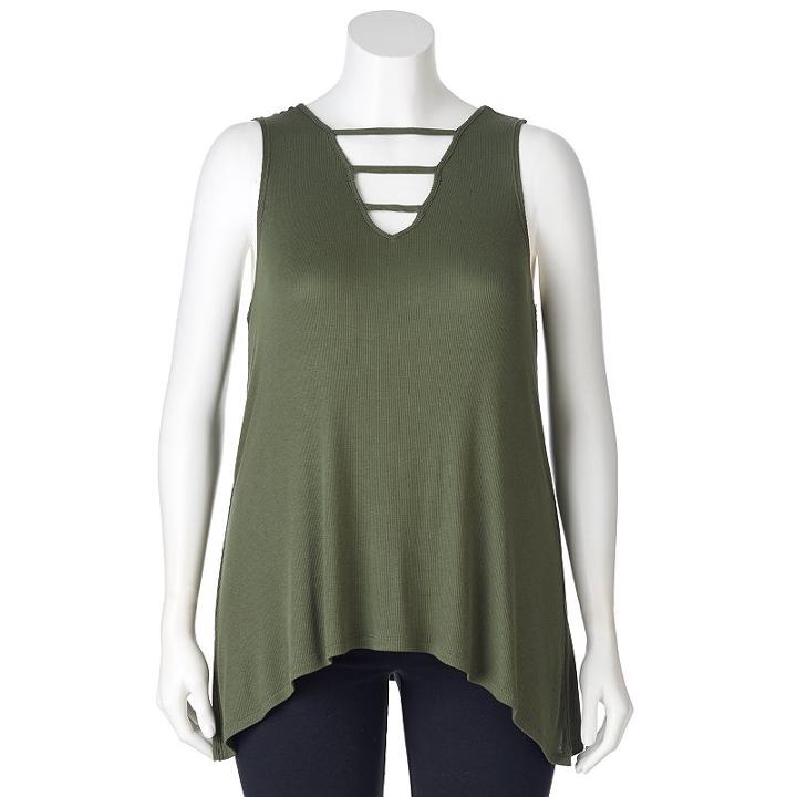Juniors' Plus Size Mudd&reg; Shark-bite Hem Ladder Tank, Girl's, Size: 2xl, Dark Green