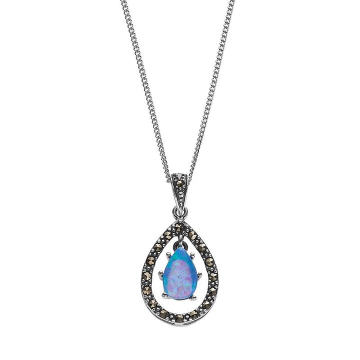 Tori Hill Simulated Blue Opal & Marcasite Sterling Silver Teardrop Pendant Necklace, Women's