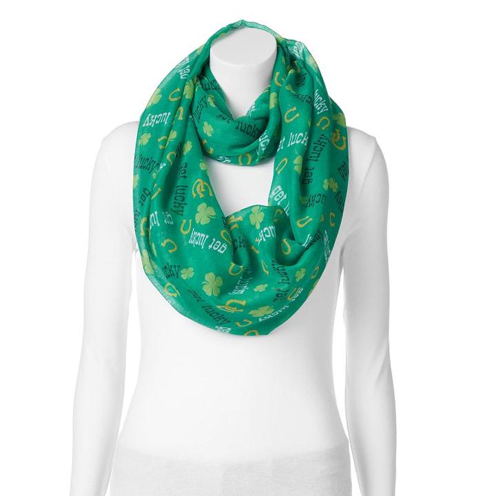 St. Patrick's Day Get Lucky Horseshoe & Shamrock Infinity Scarf, Women's, Green