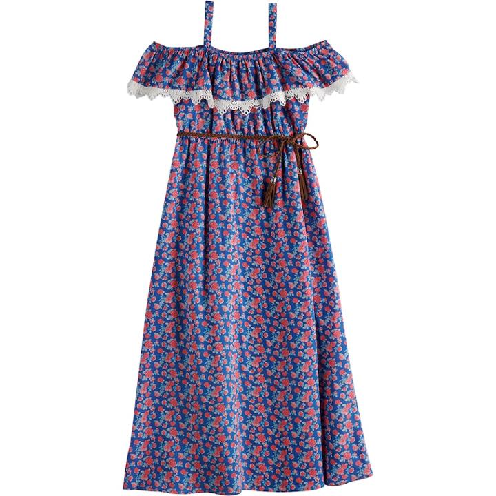 Girls 7-16 Lavender Belted Floral Print Maxi Dress, Size: 10, Blue