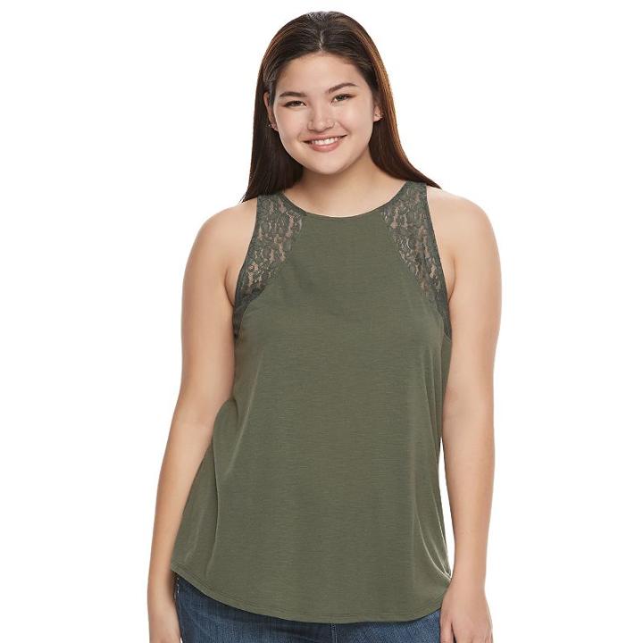 Juniors' Plus Size So&reg; Lace Trim Split-back Tank, Teens, Size: 1xl, Dark Green