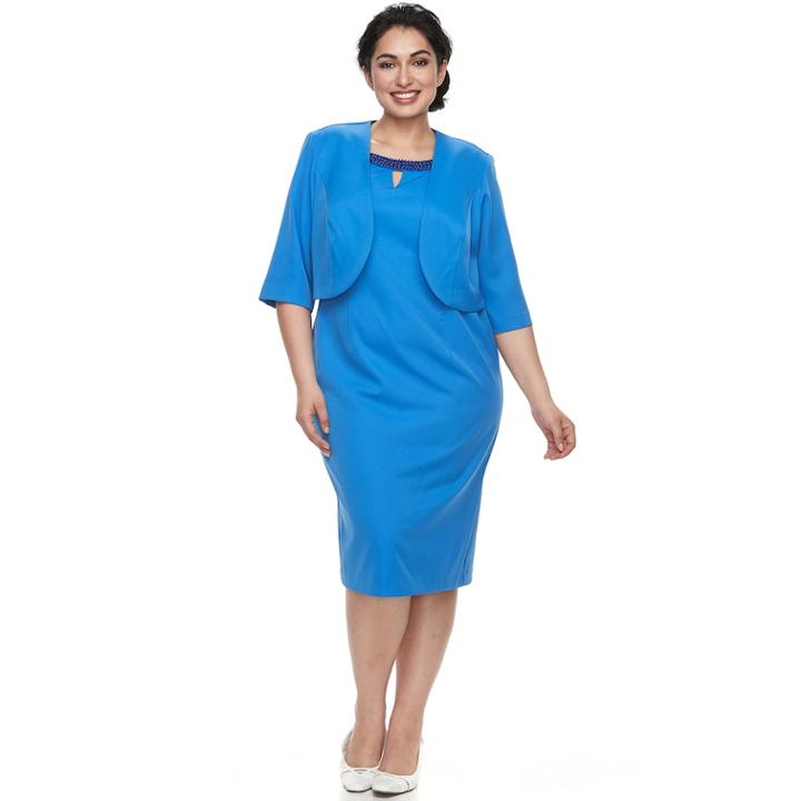 Plus Size Le Bos Beaded Dress & Jacket Set, Women's, Size: 24 W, Brt Blue