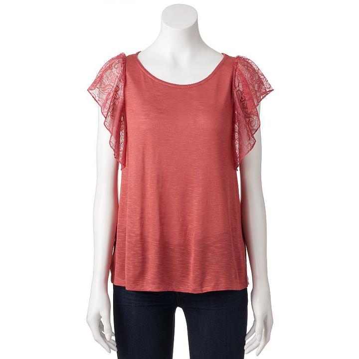 Women's Lc Lauren Conrad Flutter Lace Tee, Size: Xs, Light Red