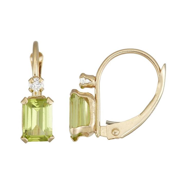 10k Gold Emerald-cut Peridot & White Zircon Leverback Earrings, Women's, Green