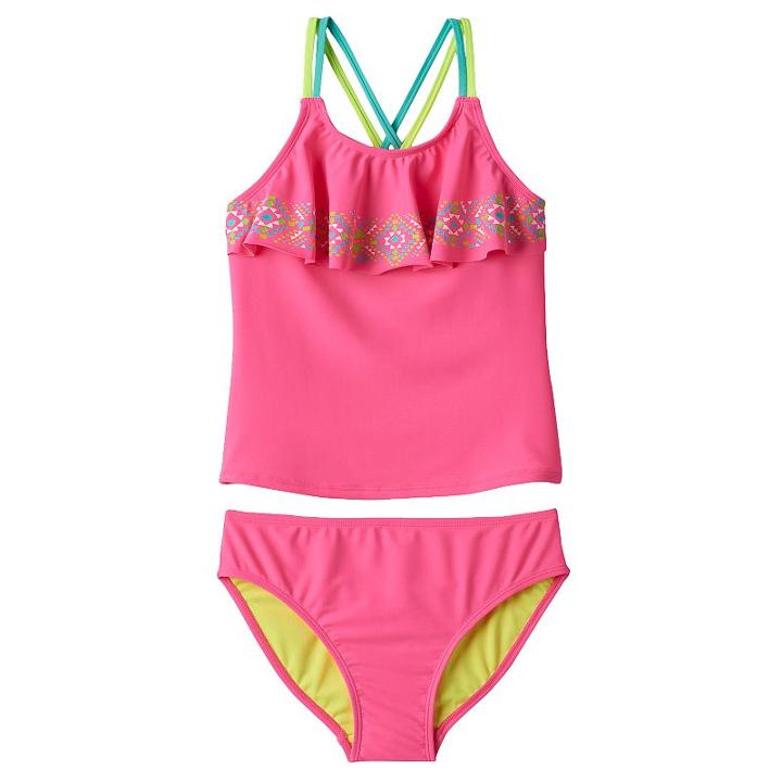 Girls 7-16 So&reg; Neon Tankini Swimsuit Set, Size: Xl (14), Brt Pink