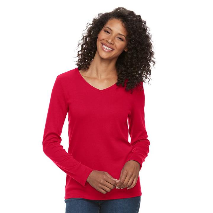 Women's Croft & Barrow&reg; Classic Long Sleeve V-neck Tee, Size: Xl, Med Red