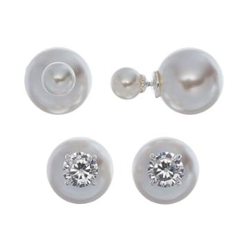Pure 925 Simulated Pearl & Cubic Zirconia Sterling Silver Front-back Stud Earring Set, Women's, Grey