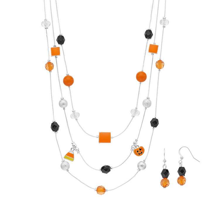 Black & Orange Halloween Bead Multi Strand Necklace & Drop Earring Set, Women's, Multicolor