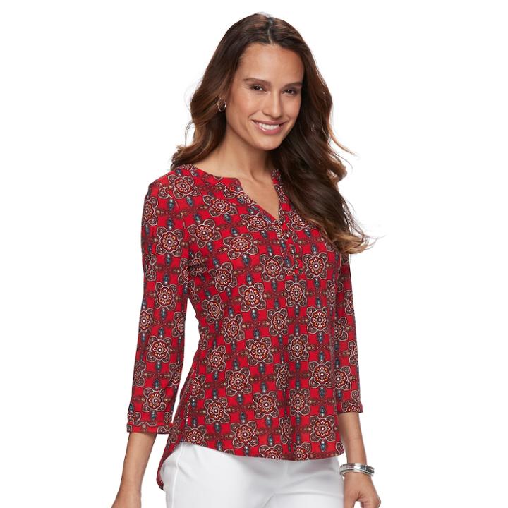 Petite Dana Buchman Knit Henley Top, Women's, Size: L Petite, Med Red