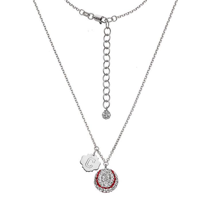 Cleveland Indians Crystal Sterling Silver Baseball & Logo Charm Necklace, Women's, Size: 18, White