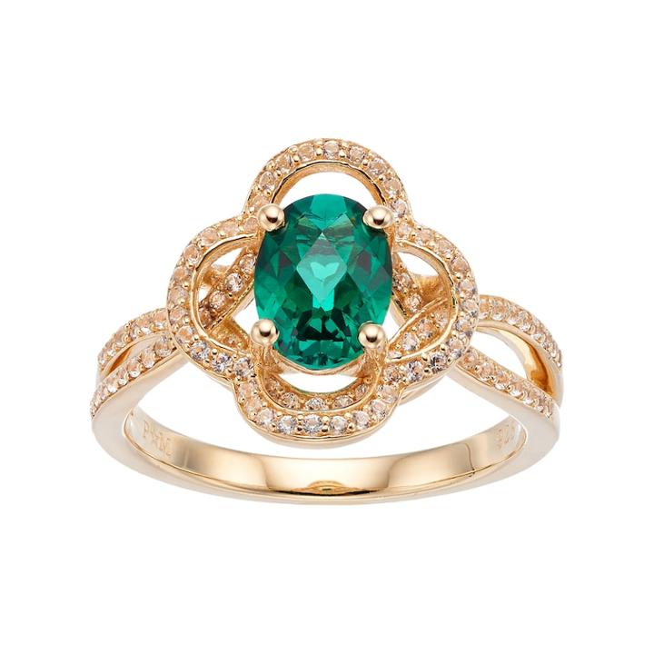 14k Gold Over Silver Lab-created Emerald & White Sapphire Flower Ring, Women's, Size: 7, Green