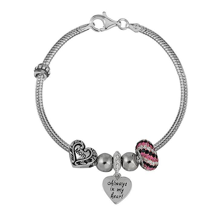 Individuality Beads Sterling Silver Snake Chain Bracelet And Crystal, Mom And Heart Bead And Charm Set, Women's, Multicolor