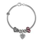 Individuality Beads Sterling Silver Snake Chain Bracelet And Crystal, Mom And Heart Bead And Charm Set, Women's, Multicolor