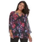 Plus Size Jennifer Lopez Embellished Triple Cut-out 3/4-sleeve Floral Top, Women's, Size: 1xl, Black