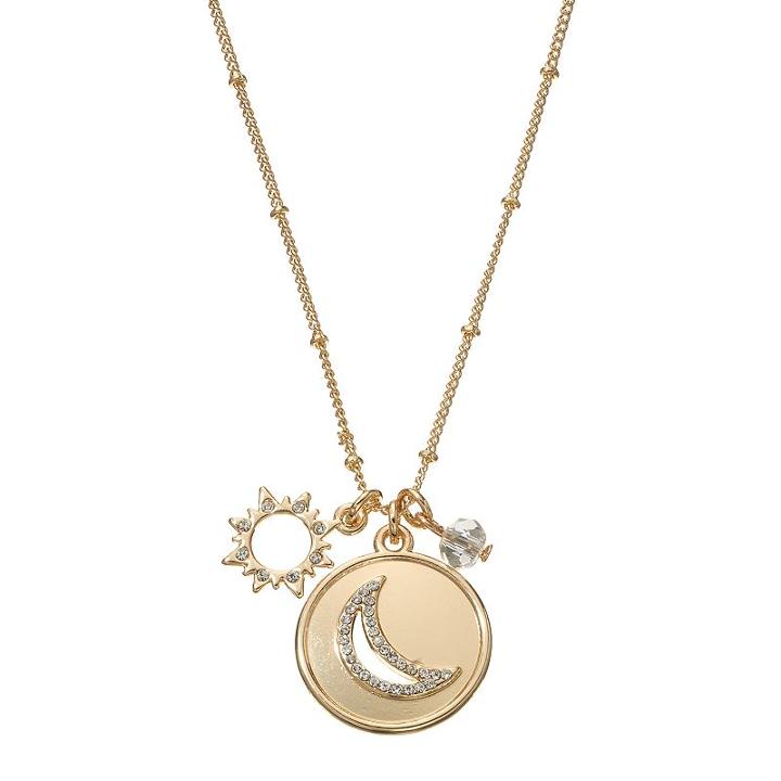 Star & Moon Charm Long Necklace, Women's, Gold
