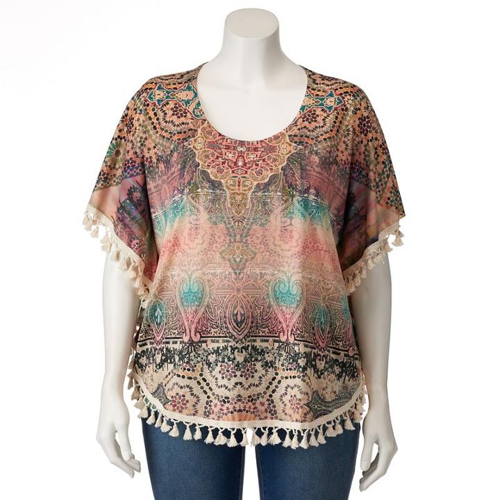 Plus Size World Unity Printed Tassel Poncho Top, Women's, Size: 0x, Beige Oth