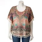 Plus Size World Unity Printed Tassel Poncho Top, Women's, Size: 0x, Beige Oth
