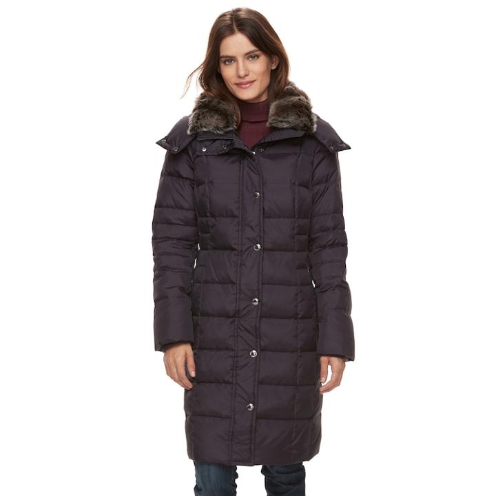 Women's Tower By London Fog Long Faux-fur Trim Down Puffer Jacket, Size: Xl, Drk Purple