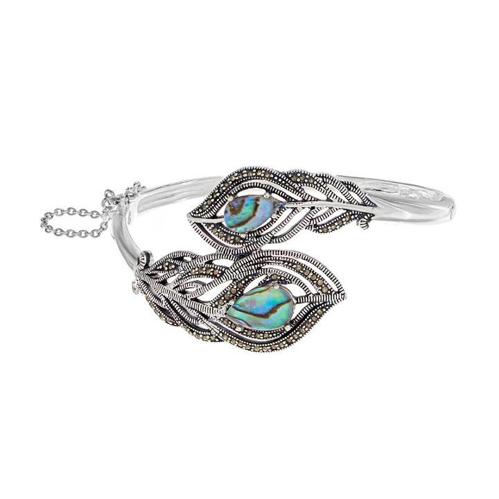 Abalone & Marcasite Silver-plated Peacock Feather Bangle Bracelet, Women's, Blue
