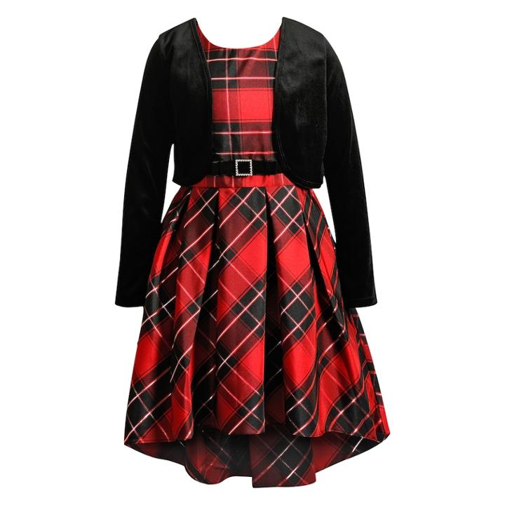 Girls 7-16 Emily West Plaid Dress & Velvet Cardigan Set, Size: 14, Red