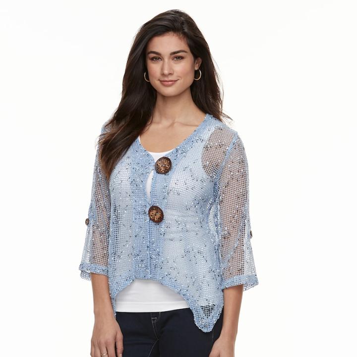 Women's Nina Leonard Open-work Embellished Cardigan, Size: Xl, Light Blue