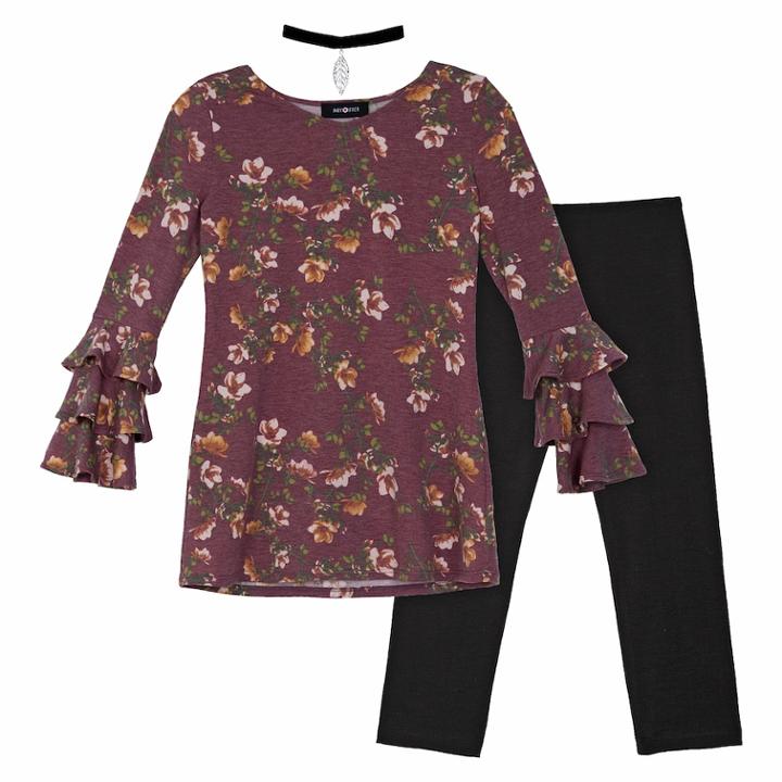 Girls 7-16 Iz Amy Byer Printed French Terry Triple Bell Sleeve Tunic & Leggings Set With Choker Necklace, Size: Xl, Bordeaux Floral