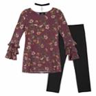 Girls 7-16 Iz Amy Byer Printed French Terry Triple Bell Sleeve Tunic & Leggings Set With Choker Necklace, Size: Xl, Bordeaux Floral