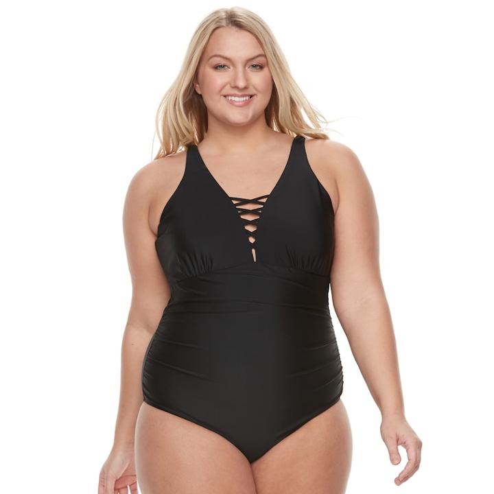 Plus Size Tummy Slimmer Strappy One-piece Swimsuit, Teens, Size: 1xl, Black