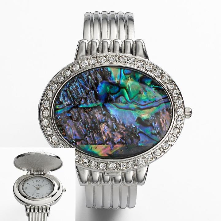 Vivani Silver Tone Simulated Abalone And Simulated Crystal Bangle Watch - K4093a - Women, Women's, Size: Large, Grey
