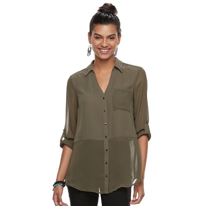 Juniors' Candie's&reg; Roll-tab Shirt, Teens, Size: Medium, Green