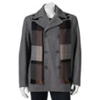 Men's Towne Wool-blend Double-breasted Peacoat With Plaid Scarf, Size: Xl, Med Grey
