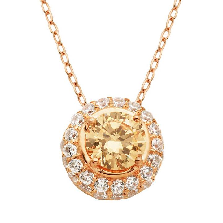 Champagne And White Cubic Zirconia 18k Rose Gold Over Silver Halo Pendant Necklace, Women's, Size: 18, Multicolor