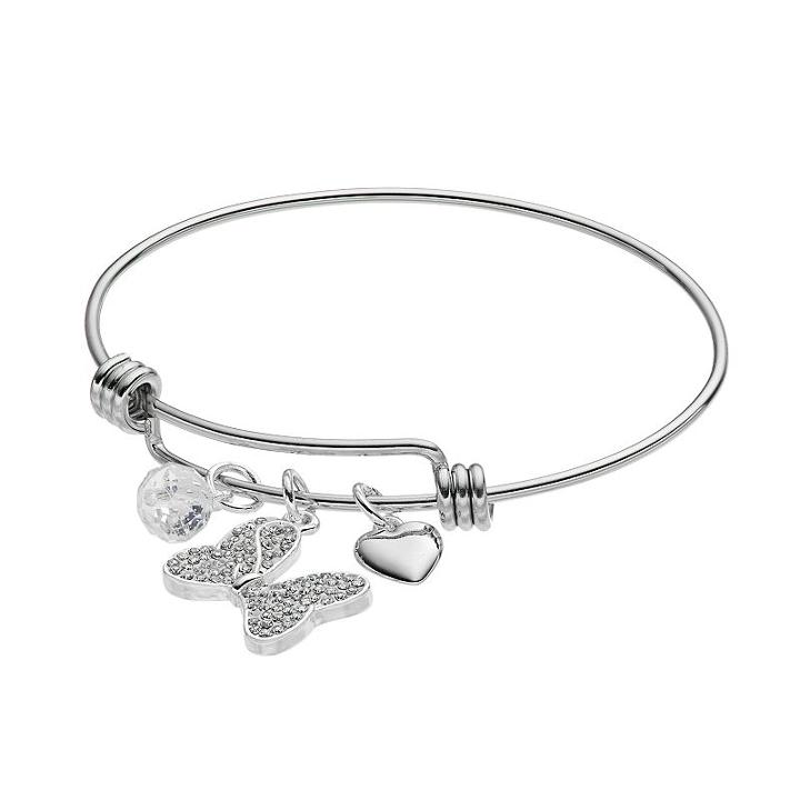 Disney's Minnie Mouse Crystal Bow & Heart Charm Bangle Bracelet, Women's, Grey