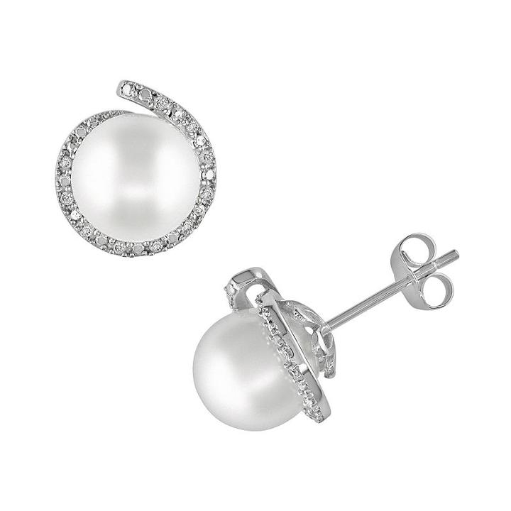 10k White Gold 1/10-ct. T.w. Diamond And Freshwater Cultured Pearl Stud Earrings, Women's