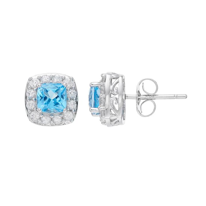Sterling Silver Swiss Blue Topaz & Lab-created White Sapphire Halo Stud Earrings, Women's