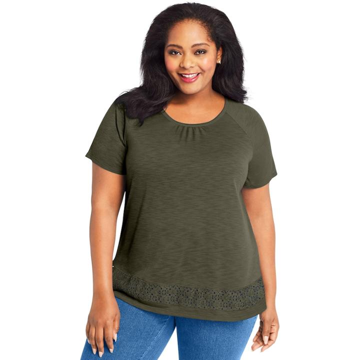 Plus Size Just My Size Lace Panel Slub Short Sleeve Top, Women's, Size: 3xl, Dark Green