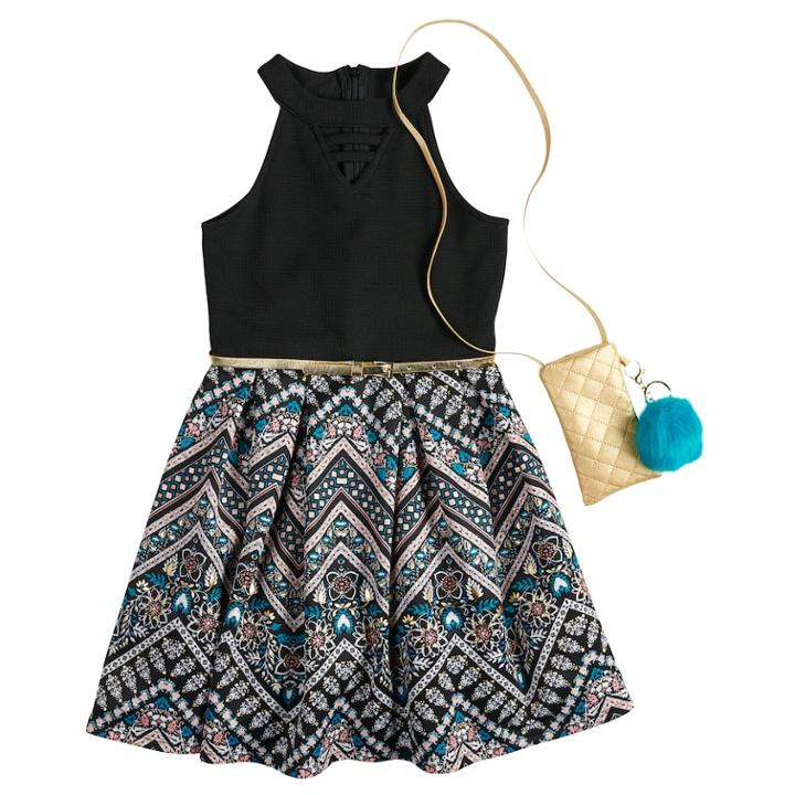 Girls 7-16 & Plus Size Knitworks Belted Halter Skater Dress With Necklace & Crossbody Purse, Size: 14 1/2, Black